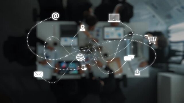 This image portrays digital communication concepts through various icons arranged over a modern office table, showcasing collaboration and connectivity in technology. Raster