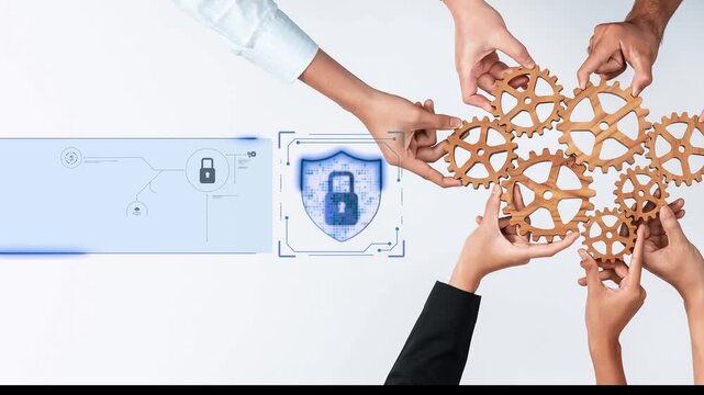 Diverse hands come together around wooden gears, symbolizing teamwork and security in a digital environment, while graphics represent data protection and innovation. Raster