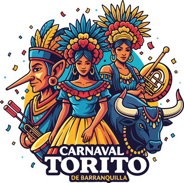 Carnaval de Barranquilla Torito Illustration with Marimonda and Traditional Dancers