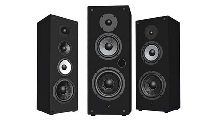 Fototapeta premium Three black, matte finish speakers in various sizes, set against a bright white background with subtle shadows