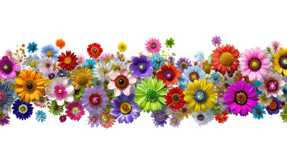 Vibrant floral arrangement: A kaleidoscope of colorful flowers forms a dynamic band, showcasing a rich tapestry of textures and hues. Perfect for adding a touch of nature's beauty to any design.
