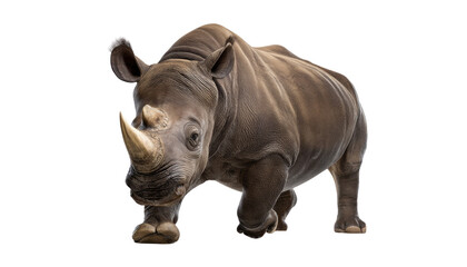 Rhino on a journey: A majestic rhinoceros, walking with confident stride. The rhino's formidable presence, complete with its characteristic horn, captures the strength and beauty of the animal. 