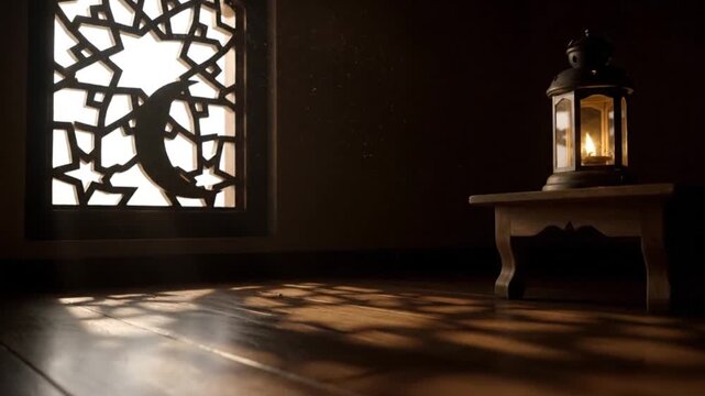 A serene video showcasing a lantern on a table by a window with intricate design