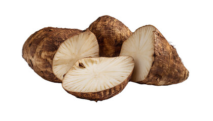 Taro Root Halves: Showcasing the earthy elegance of sliced taro roots, revealing their creamy interior and unique texture. A celebration of fresh produce and culinary possibilities.