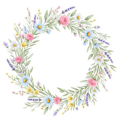 Obraz premium Watercolor floral wreath with roses daisies and lavender on transparent background