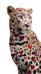 Love-Adorned Leopard Portrait: A majestic leopard, its fur creatively embellished with colorful heart patterns, striking a pose of regal charm.