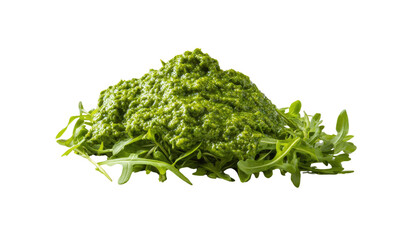 Vibrant Green Pesto: A close-up shot of a lush, fresh pesto made with vibrant green herbs. The ingredients are perfectly blended to create a bright, inviting texture, perfect for culinary projects.