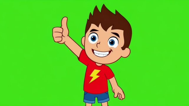 Cheerful cartoon boy giving thumbs up against a bright green background in playful style.