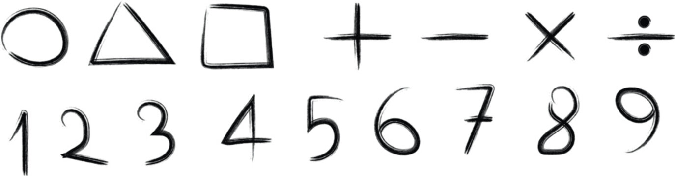 A collection of basic geometric shapes and numerical digits