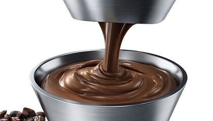 Liquid Chocolate Swirl: A close-up shot of rich, dark chocolate pouring into a stainless steel bowl, creating a mesmerizing swirl of deliciousness. Capturing the artistry of chocolate-making