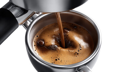 Espresso Pour: Capturing the essence of a perfect morning, the image shows the rich, aromatic pour of freshly brewed espresso, filling a stainless steel cup to the brim.