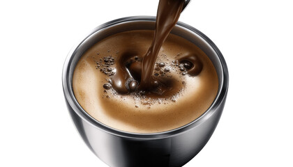 Rich Brew's Descent: Witness the cascade of rich, dark coffee pouring into a sleek, metallic cup, forming an inviting crema atop the beverage. A visual treat.