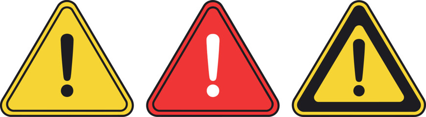 A set of warning signs with exclamation marks on a white background