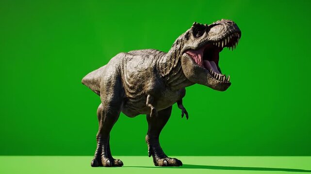 Realistic 3D Tyrannosaurus Rex Dinosaur Roaring on a Green Screen Background