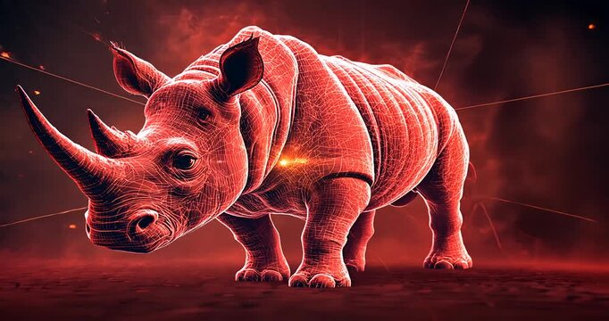 A digitally rendered red rhinoceros stands majestically against a fiery backdrop, symbolizing strength
