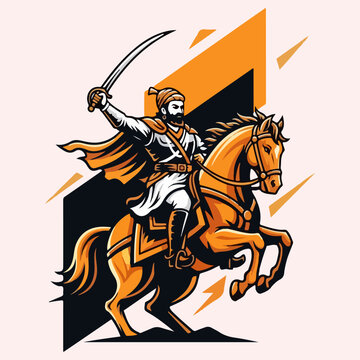Traditional Indian King Riding Horse with Sword Vector Graphic