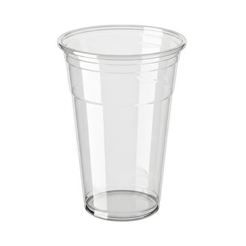 A clear plastic cup with a smooth and transparent surface standing upright. isolated on transparent background