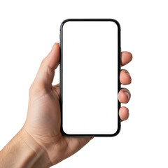 A hand holding a smartphone with a blank screen, ready for use. isolated on transparent background