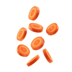 Sliced carrots floating in mid air orange vegetable isolated on a transparent background