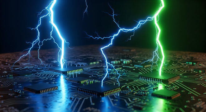 Powerful lightning bolts in blue and green striking computer processors on a glowing circuit board.