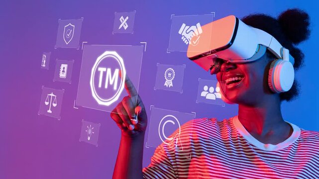 A joyful young woman engages with virtual reality technology, interacting with holographic icons in a vibrant setting, showcasing the future of digital experiences. Raster