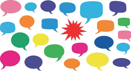 A colorful illustration of various speech bubbles in different shapes and sizes on a white background