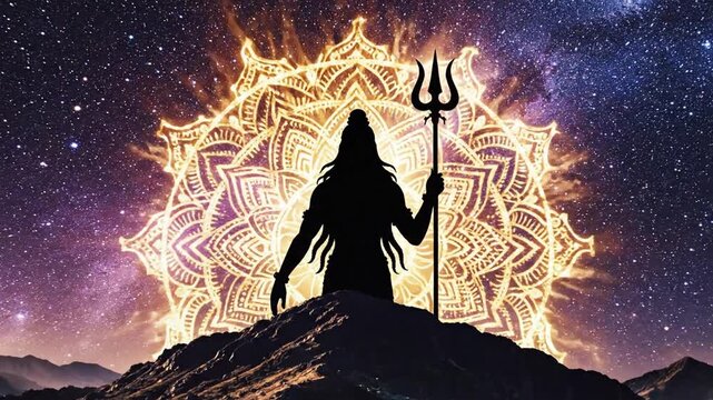 Lord Shiva silhouette on mountain with mandala and starry night sky