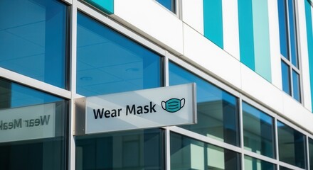 Obraz premium Adherence To Health Protocol: Mask Usage Signage On Contemporary Building Exterior