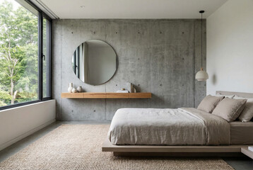 A modern bedroom with a minimalist design, featuring a large window and a concrete wall and simple furniture