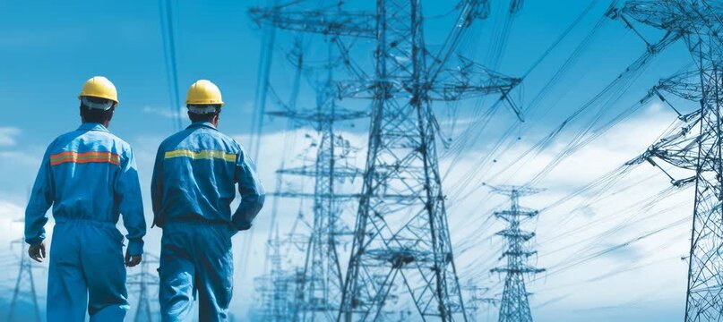 Two lineman checking on electric pole network. Electrical infrastructure maintenance job. Generative video AI technology.	
