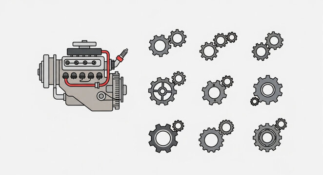 Internal Combustion Engine and Gears Illustration.