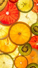 Translucent fruit slices. Oranges, lemons, kiwi & grapefruit lit from behind. Warm colors