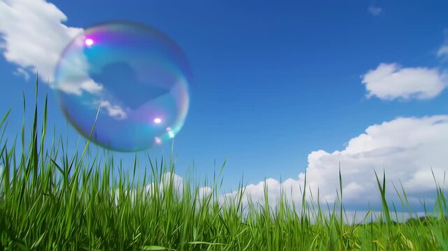 A large iridescent soap bubble floats above green grass and blue sky with fluffy white clouds
