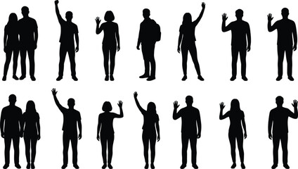 People waving hand silhouette collection, men and women greeting, standing figures isolated on white background set © MstSahida