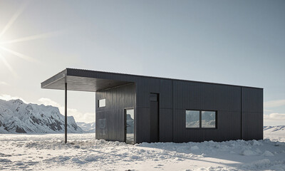 Naklejka premium Cabin snow mountain minimalist black house stands in a vast winter landscape under bright sunlight to offer remote solitude