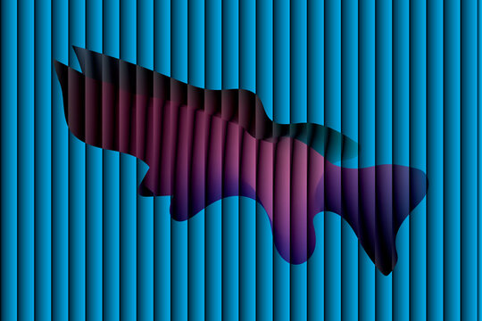 Abstract flowing purple and pink shape against blue vertical blinds background