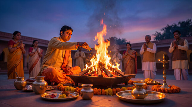 Hindu priest performs sacred fire ritual with spiritual offerings during twilight Vijaya Ekadashi yajna for cultural blogs, devotion websites, and festival content