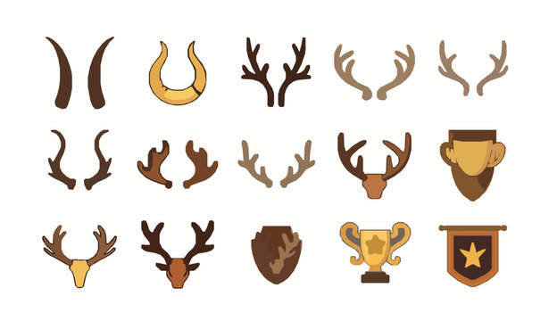 Cartoon animal horn and antler vector collection with hunting trophy symbols isolated on white background