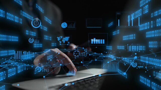 A person types on a laptop surrounded by an array of digital graphs and data visualizations, representing the future of data analysis and business intelligence. Xenic