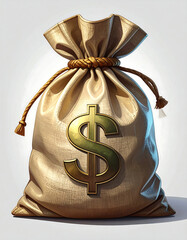 Bag of money. Dollar sign on a beige sack, tied with a rope, on white background