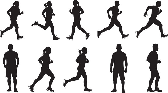 Silhouettes of people running and walking in various poses