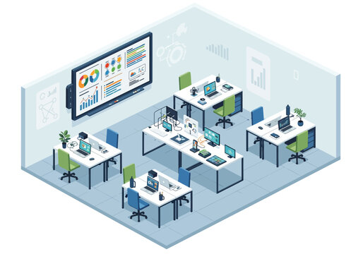 Modern office space with multiple workstations and a large screen displaying a colorful chart, viewed from an isometric perspective.
