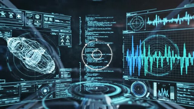 Futuristic interface showing code, graphs, warnings, targets, & a complex wireframe image on a dark background