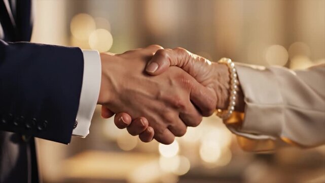 Two individuals shaking hands in a professional setting with a blurred background and warm lighting