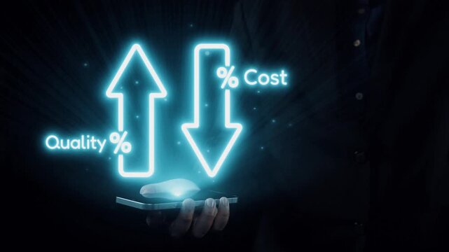 A dynamic image illustrating the correlation between increasing quality and decreasing costs in business. It showcases a glowing mouse held in hand, symbolizing technology-driven solutions. Qubit