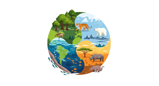 Illustration of a globe with diverse animals and natural environments, representing World Wildlife Day and conservation efforts, with a colorful and educational design.