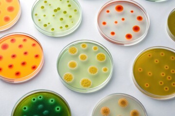 Fototapeta premium Multiple Petri Dishes with Colorful Bacterial Colonies in Laboratory
