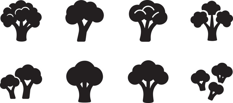 Broccoli black vector icon set collection isolated on white background for healthy design.