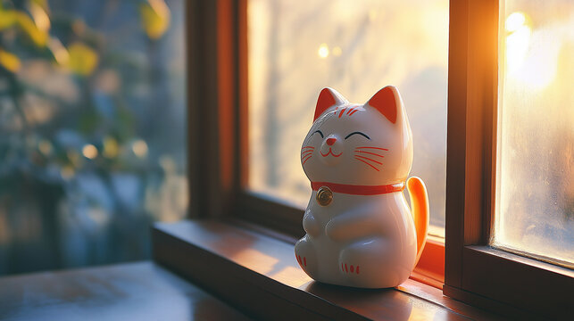 Maneki neko lucky cat by sunlit window indoors