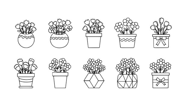 Cute flower pot vector icon set hand-drawn minimalist floral doodles collection